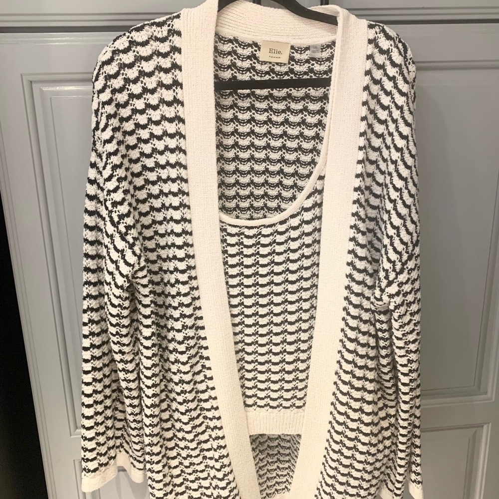 Tahari Black and White Open-Front Knit Cardigan